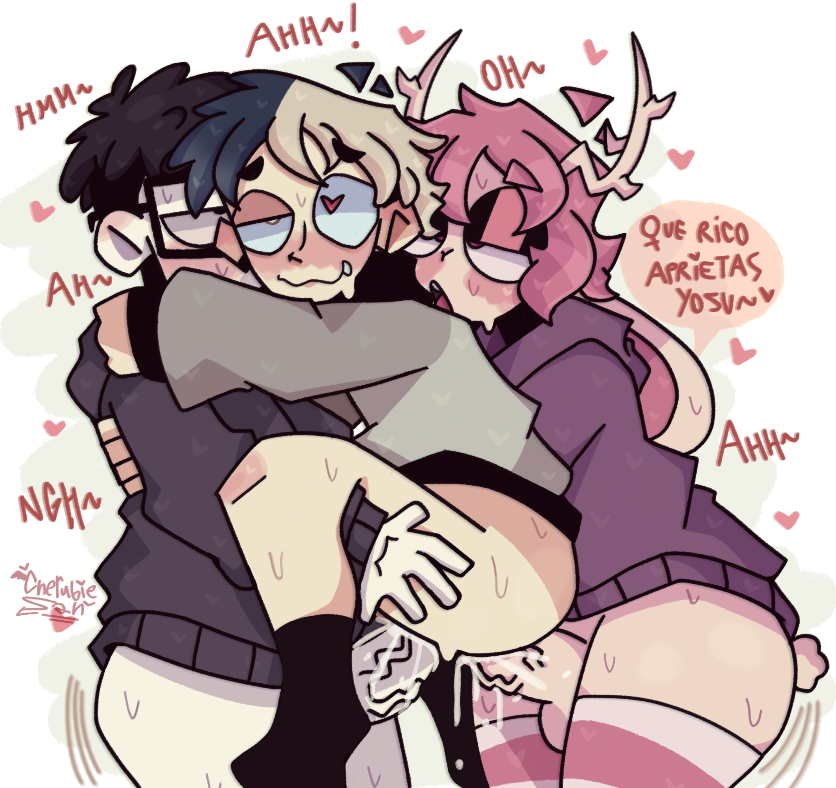 3boys anal anal_sex anthro antlers big_ass black_hair black_hoodie black_socks blonde_hair blue_hair blush brown_eyes bunny_boy cherubiesan clothed clothed_sex clothing cum cumshot dialogue digital_drawing_(artwork) double_anal double_penetration femboy femboy_on_male furry furry_on_human fzst gay gay_sex genital_fluids glasses heart-shaped_pupil holding holding_leg hoodie human interspecies light-skinned_male looking_pleasured looking_up luisardo male male_only male_penetrating moaning orgasm penis pink_hair purple_hoodie rabbit rabbit_boy red_eyes sex short_hair smiling socks spanish_text striped_thighhighs sweat sweating sweaty_body text thighhighs threesome two_tone_hair veiny_penis white_shirt white_skin yaoi yosu youtube youtube_hispanic