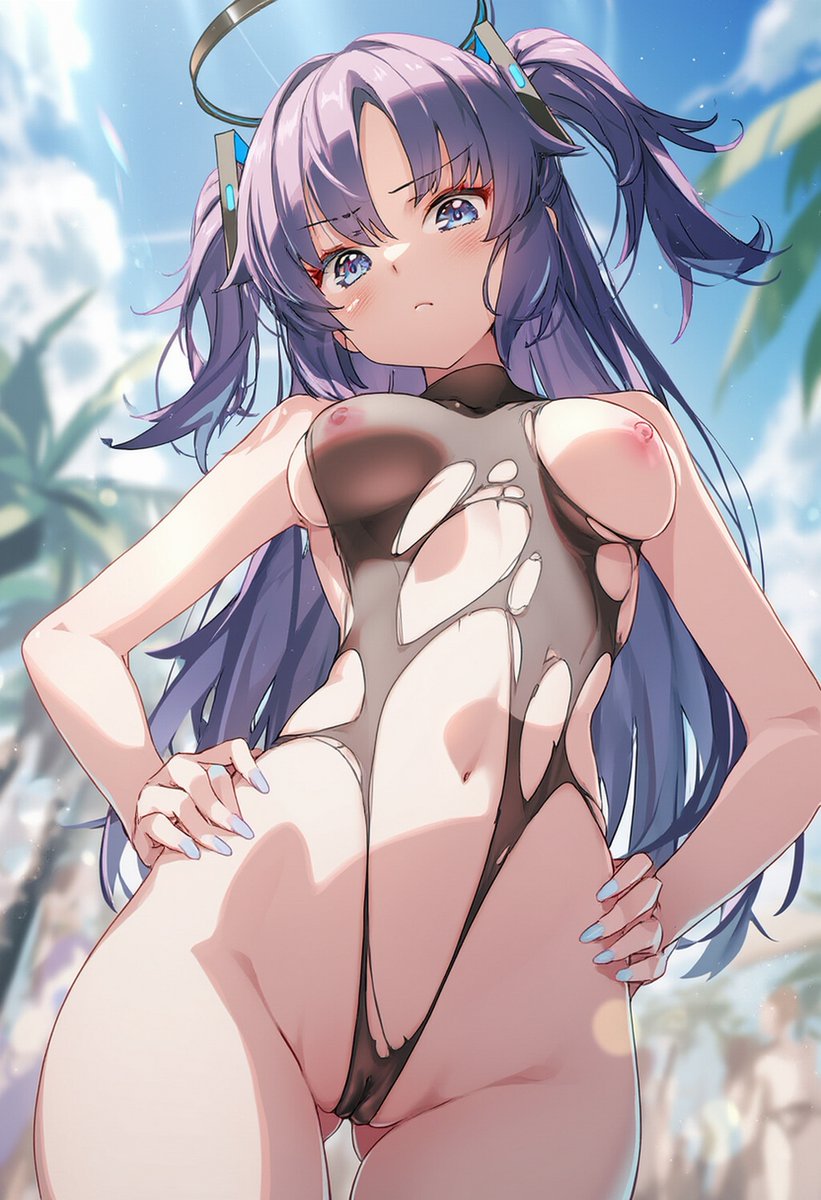 1girls, ai generated, almost naked, almost nude, blue archive, breasts, female, female only, hands on hips, one breast out, one nipple out, raaicave, ripped swimsuit, shoulders, swimsuit, translucent clothing, yuuka (blue archive)