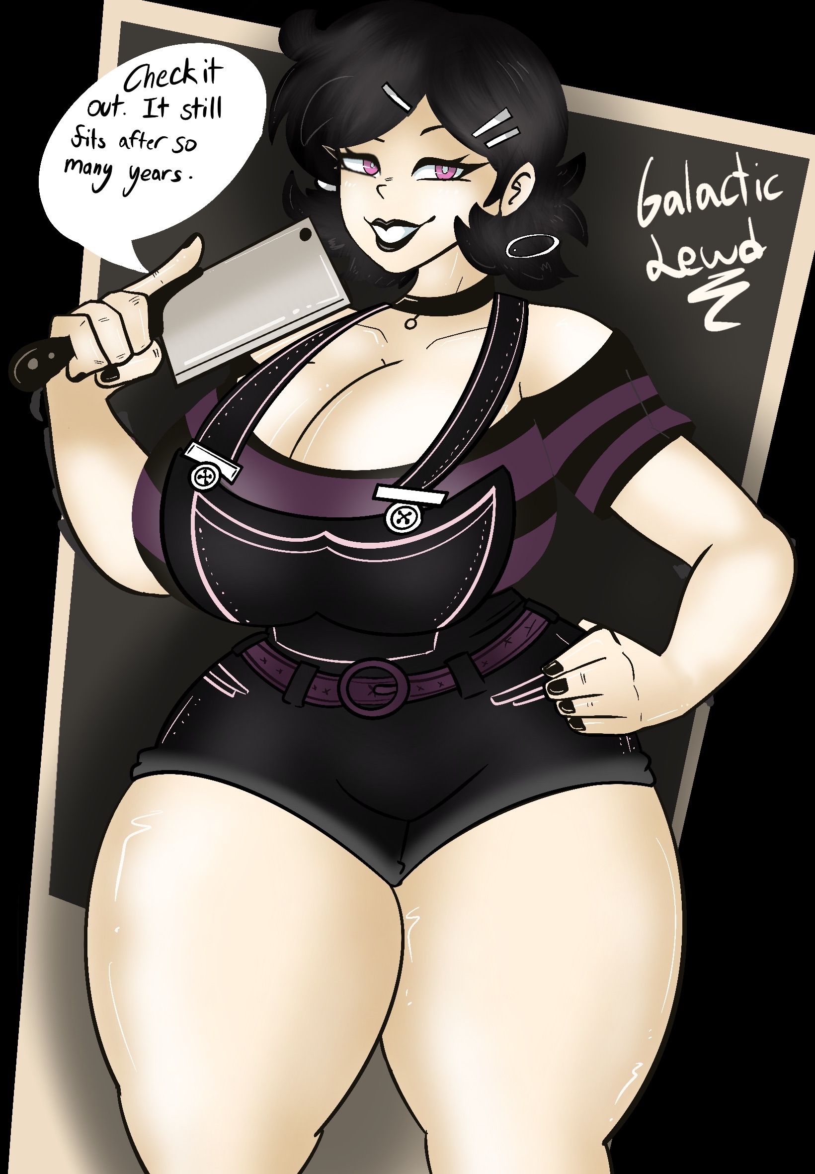 1girls, alternate costume, alternate hairstyle, ashley graves, ass, big ass, big breasts, breasts, bust, busty chest, cleaver, cleaver (knife), clothing, curvaceous, curvy, curvy figure, female, female focus, galacticlewd, hips, hourglass figure, huge ass, huge breasts, human, large ass, large breasts, legs, light skin, light-skinned female, mature, mature female, overalls, pink eyes, short hair, the coffin of andy and leyley
