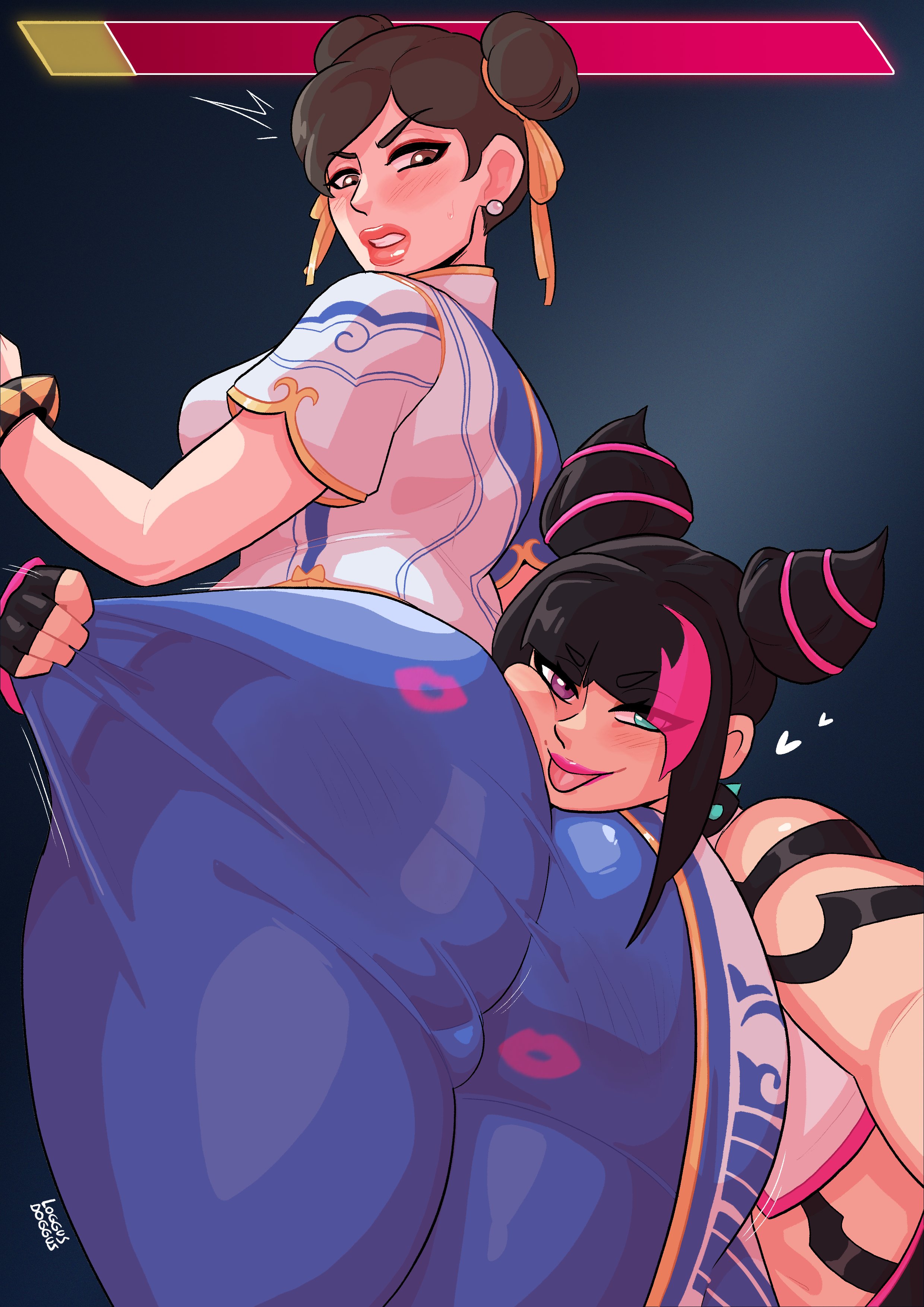 1futa, 1girls, ass, ass worship, big ass, breasts, bulge, chun-li, clothed, clothing, duo, female, fully clothed, futanari, head on ass, huge ass, human, intersex, juri han, light skin, light-skinned female, light-skinned futa, lipstick, lipstick mark, loggus doggus, looking at viewer, standing, street fighter, thick thighs, tight clothing, wide hips
