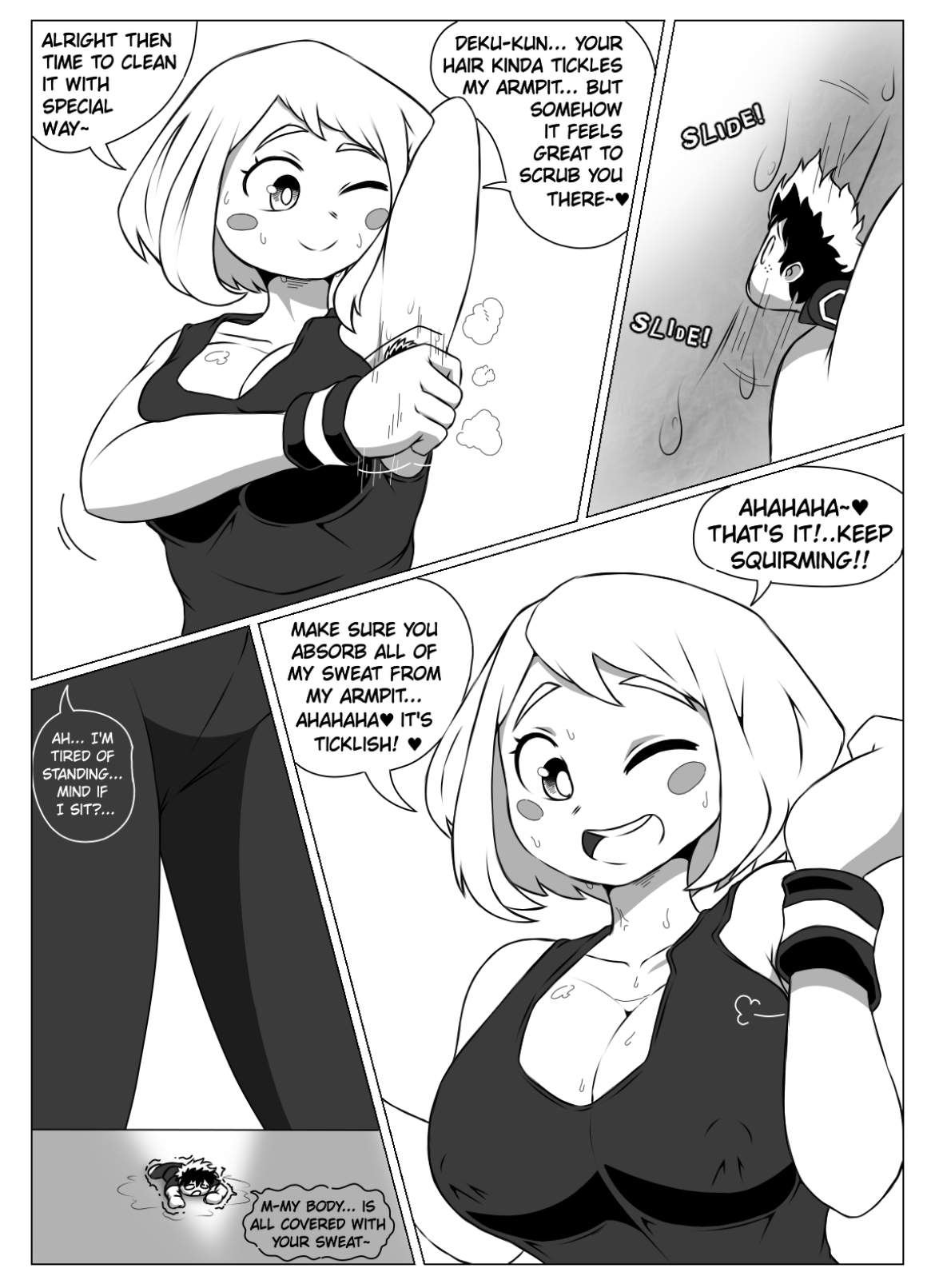 armpit fetish, armpits, canon couple, female, giantess, gtstamago, izuku midoriya, larger female, male, my hero academia, ochako uraraka, post-workout, smaller male, sweaty body