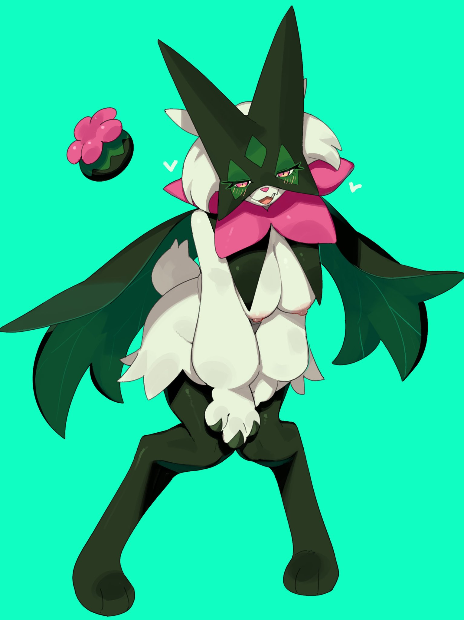 2025, 3 fingers, 3 toes, anthro, areola, blush, breasts, digital media (artwork), feet, female, fingers, front view, fur, generation 9 pokemon, green background, green body, green fur, green tail, hi res, kame 3, looking at viewer, meowscarada, nintendo, nipples, nude, nude anthro, nude female, open mouth, open smile, pink eyes, pokemon, pokemon (species), simple background, smile, solo, standing, tail, teeth, toes, tongue