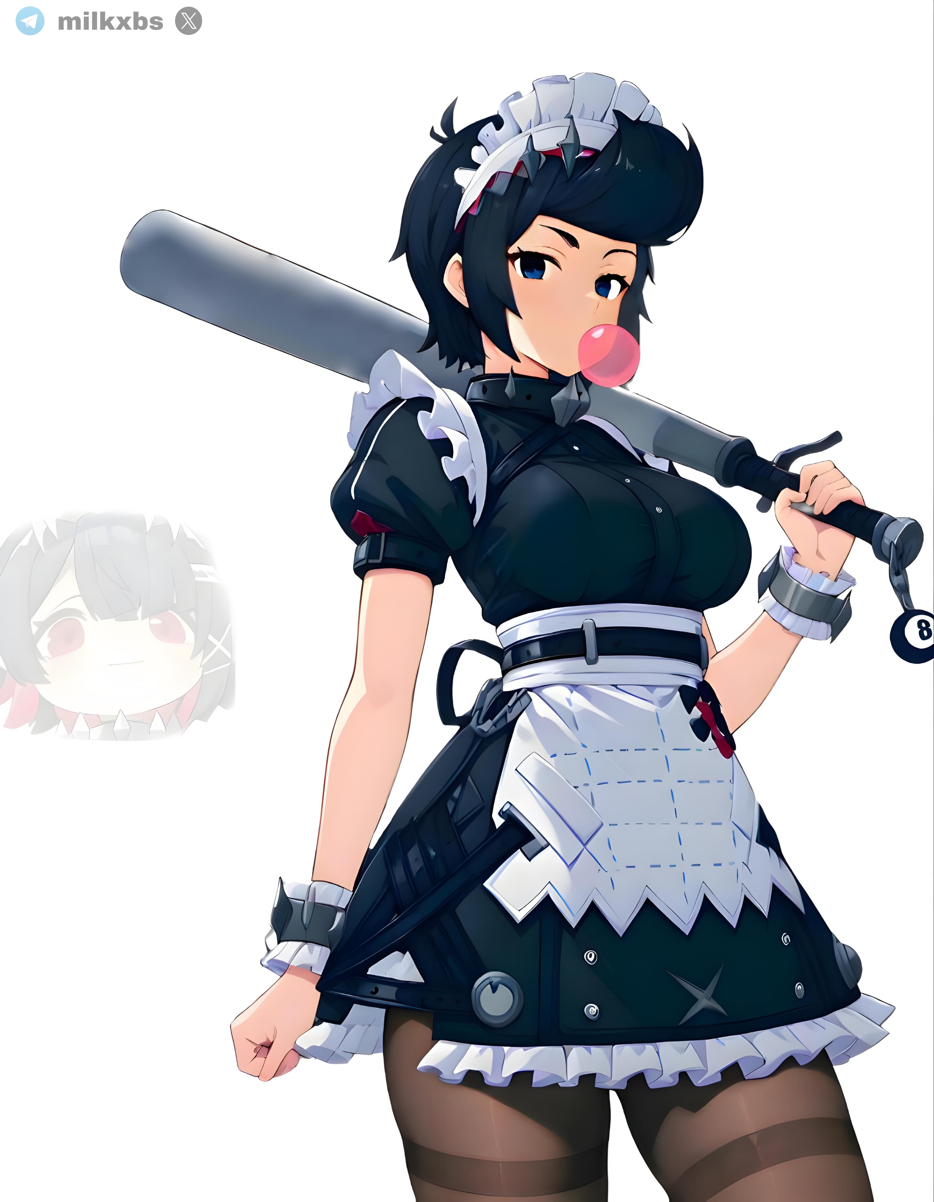 8-ball (billiard ball), ai generated, baseball bat, bibi (brawl stars), blowing bubble gum, blowing bubblegum, brawl stars, bubble gum, cosplay, cue ball, ellen joe, female, maid, maid outfit, maid uniform, milkxbs, pompadour, pompadour hair, zenless zone zero