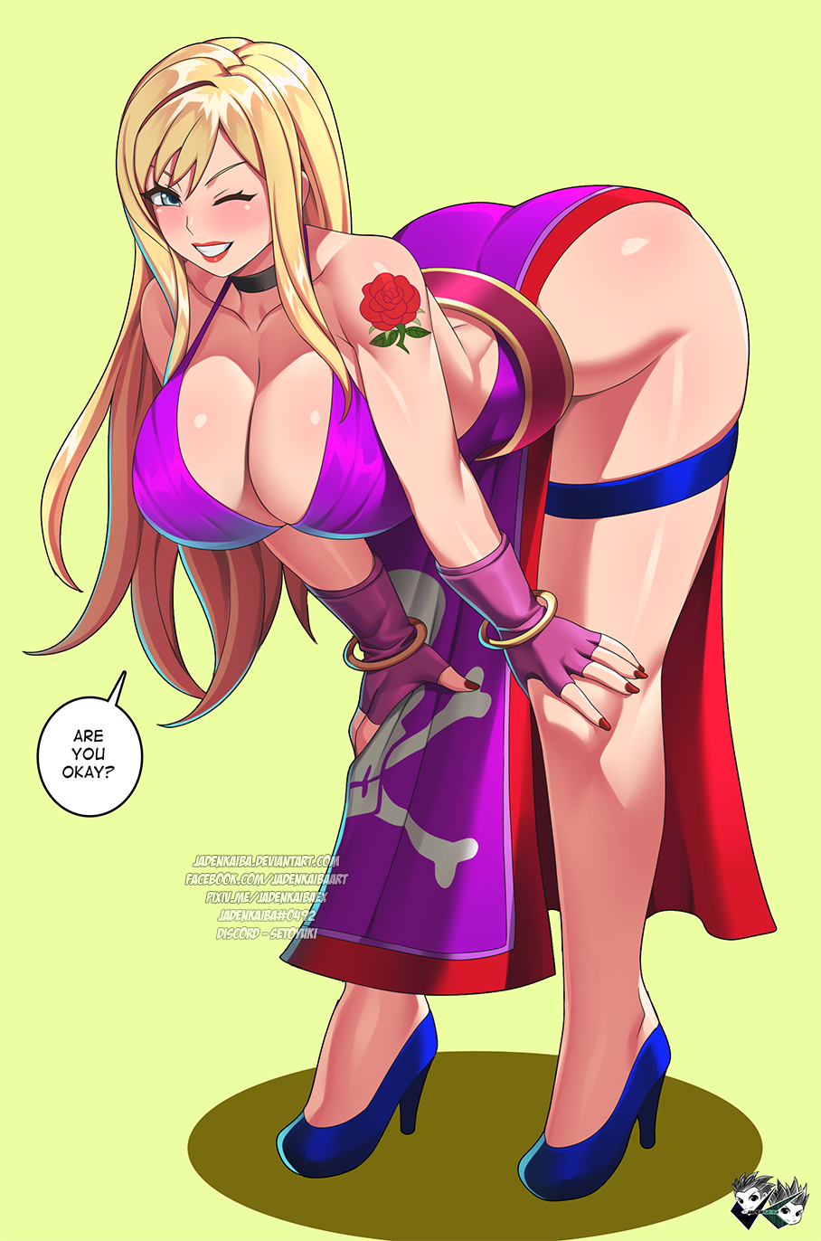 alluring big_breasts blonde_hair blue_eyes bonne_jenet breasts cleavage dress fatal_fury fatal_fury:_city_of_the_wolves female high_heels jadenkaiba king_of_fighters kneel legs posing snk winking_at_viewer