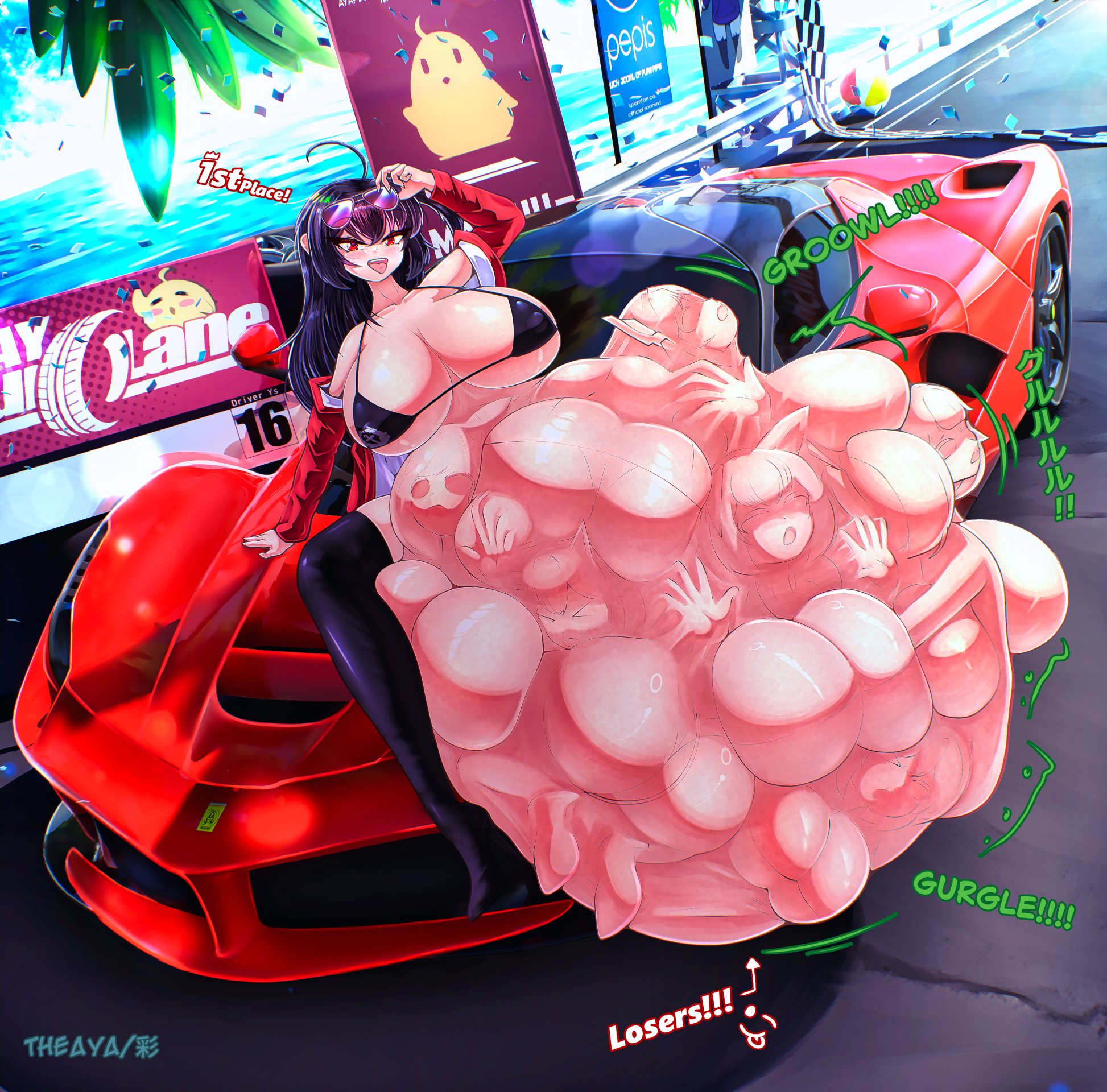 ass expansion, azur lane, breast expansion, breast growth, breast growth (enlargement), breasts, breasts out of belly, digestion, female, female pred, gigantic belly, gigantic breasts, legs apart, manjuu (azur lane), multiple prey, sound effects, stomach bulge, struggling prey, taihou (azur lane), taihou (enraptured companion) (azur lane), the aya, vore, vore bulge