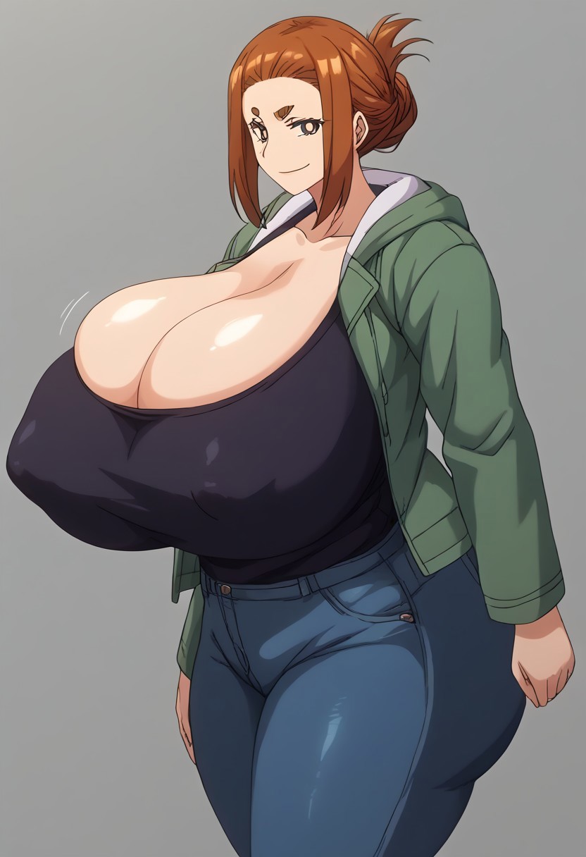 ai_generated fully_clothed gigantic_breasts hoodie mysterious_disappearances sumireko_ogawa thick_eyebrows