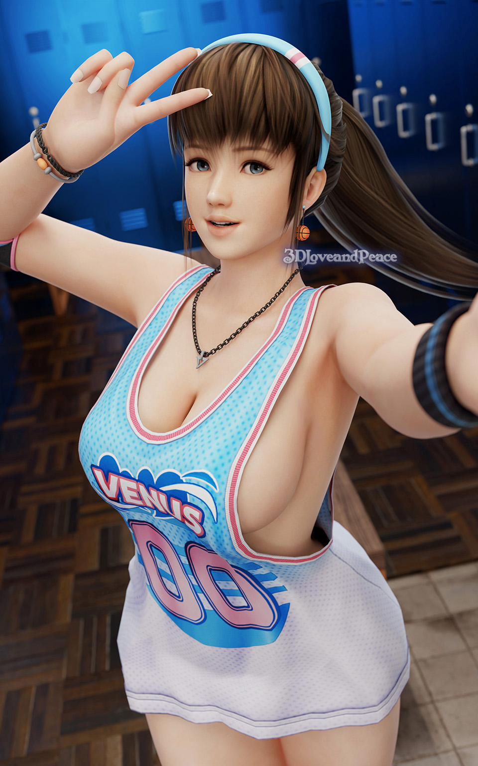 1girls, 3d, 3dloveandpeace, bench, big breasts, blue grey eyes, breasts, brown hair, dead or alive, earrings, female, female only, headband, hi res, highres, hitomi (doa), locker room, necklace, peace sign, ponytail, selfie, sideboob, smile, tecmo