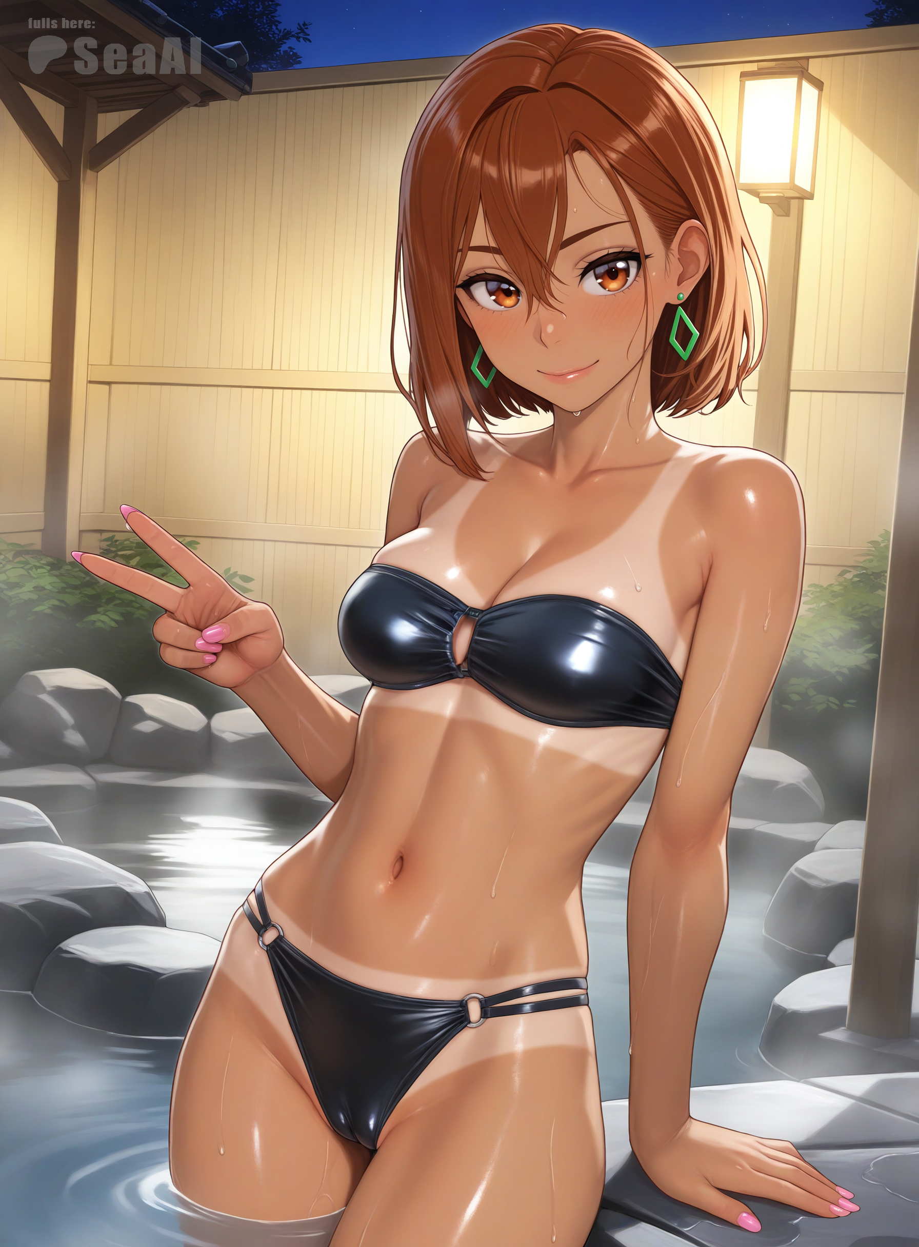 1girls, ai generated, ayase momo, bikini, breasts, cameltoe, cleavage, closed mouth, cowboy shot, curvaceous, curvy, curvy female, curvy figure, dandadan, female, looking at viewer, medium breasts, nail polish, onsen, partially submerged, pink nails, pussy, seacreator, smile, solo, standing, tan body, tan skin, tanline, v sign
