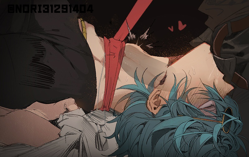 2boys belt black_background black_pants black_shirt blue_hair blush brown_belt commentary cum cum_on_body erection facial fellatio heart irrumatio leash lighter_(zenless_zone_zero) lying male male_focus motion_lines multiple_boys on_back open_pants oral pants penis red_leash rolling_eyes runa_(nori31291404) sheet_grab shirt solo_focus sunglasses sweat symbol-only_commentary t-shirt throat_bulge twitter_username x-ray yaoi yellow-framed_eyewear zenless_zone_zero