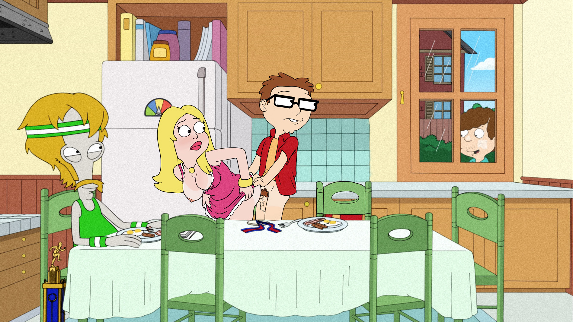 alpha male, american dad, breast out, breasts, doggy style, dress pulled up, female, francine smith, from behind, interspecies, large breasts, male, mother and son, roger smith, steve smith, tagme, tanlines, voyeur