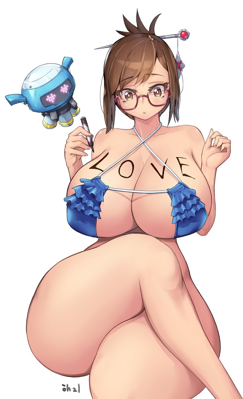 <3_eyes areolae bangs big_breasts bikini blizzard_entertainment blue_bra body_writing breasts brown_eyes brown_hair cleavage clothed covered_nipples crossed_legs curvy drone female frilled_bra full_cleavage glasses harry_(dudwofla) heart-shaped_pupils hourglass_figure huge_breasts long_breasts mei_(overwatch) nipples overwatch puffy_nipples robot snowball_(overwatch) thick_thighs thighs voluptuous wide_hips