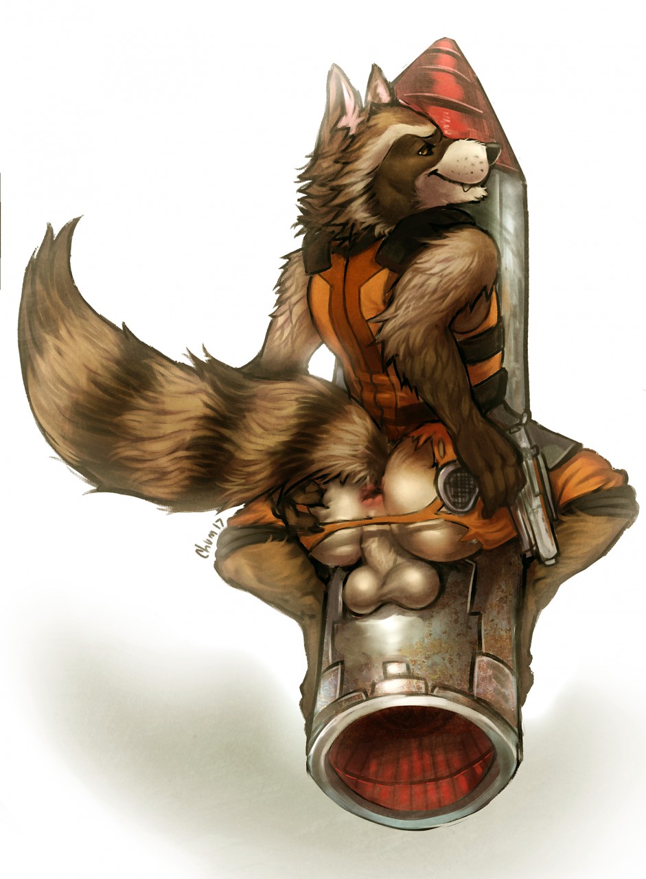 anthro anus ass balls brown_fur chumbasket clothing fur guardians_of_the_galaxy gun hand_on_ass male male_only mammal marvel nude presenting raccoon ranged_weapon rocket_raccoon solo spread_ass spreading torn_clothing weapon