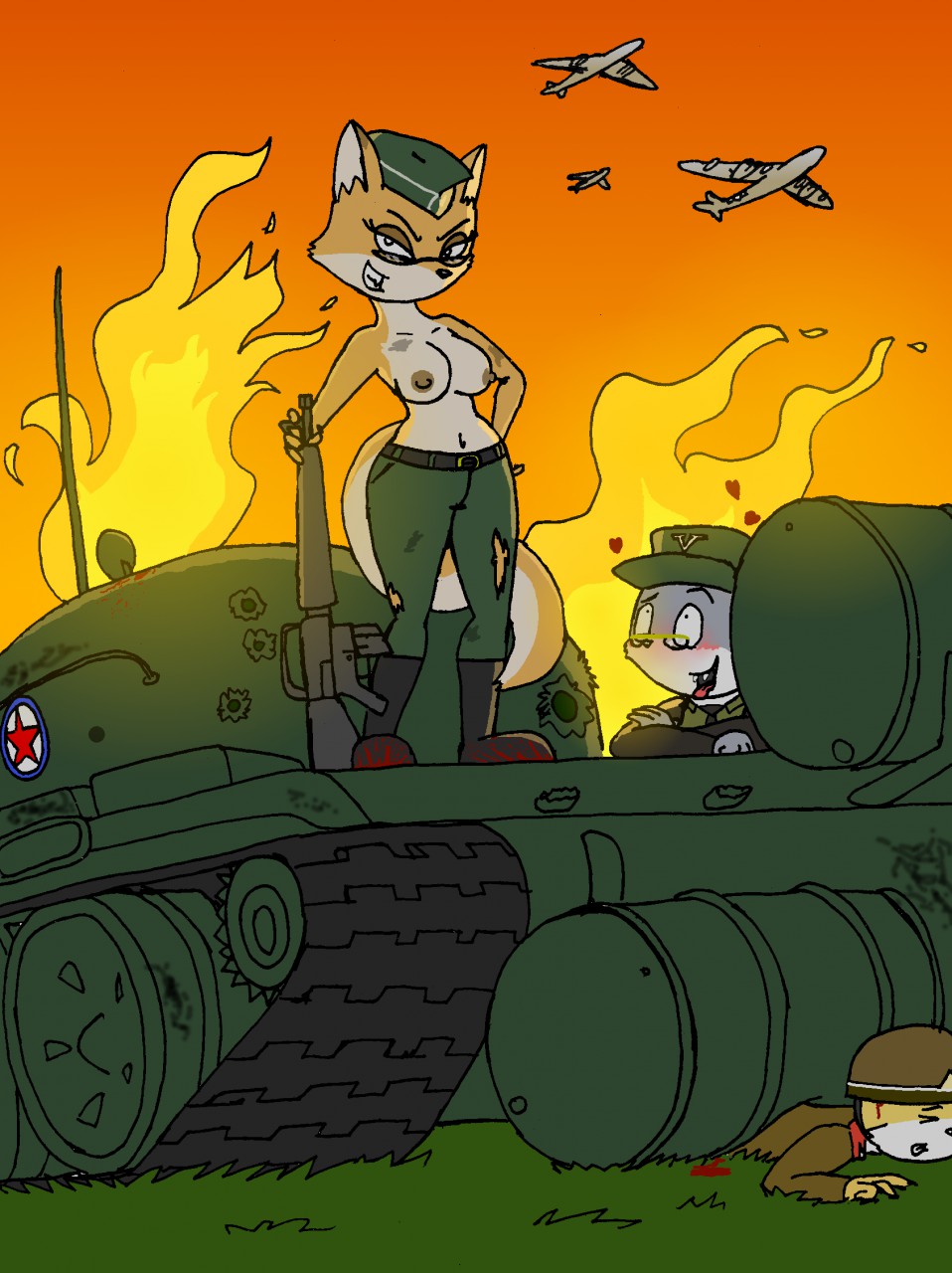 1girls 2boys airplane americananomaly_(artist) blood breasts canine death facing_viewer female fire fox full_body geumsaegi glasses gun hearts_around_head looking_at_viewer lt._fox_vixen machine_gun male mammal mouse mulmangcho nipples outdoors ranged_weapon rodent squirrel squirrel_and_hedgehog standing tank topless_female vehicle war weapon