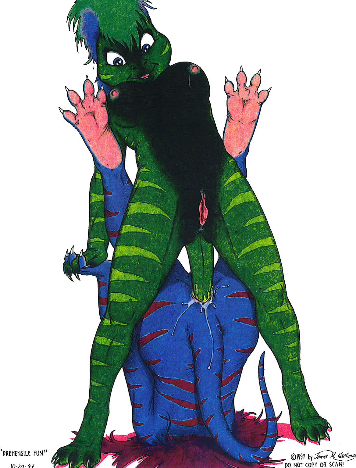 1990s 1997 20th_century anal anal_sex anthro anus ass_up blue_eyes breasts claws desiree_(jmh) duo female hair hand_holding hindpaw james_m_hardiman lizard multicolored_hair nude open_mouth paws penetration pussy red_hair reptile reverse_piledriver_position scalie sex simple_background spread_toes stripes tail_sex toe_claws white_background yuri