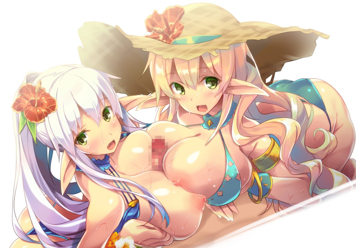 1boy 2girls :d aqua_bikini ass bikini blonde_hair blue_bikini brave_girl_ravens breasts censored chloe_ferel cute_fang double_paizuri flower green_eyes hat hibiscus looking_at_viewer mosaic_censoring multiple_girls multiple_paizuri nipples open_mouth paizuri penis pointy_ears ponytail shimakaze silver_hair smile straw_hat swimsuit threesome