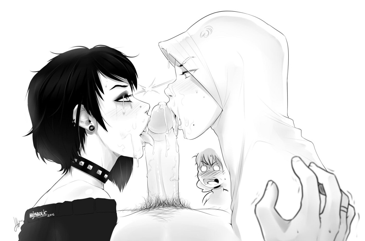 1boy, 3girls, arabian, being watched, cheating, cheating wife, collaborative fellatio, collar, cum, cum volcano, double fellatio, ear piercing, eye contact, eyeshadow, faceless male, facial, female, goth, hijab, hijabolic, large penis, licking, makeup, male, male pov, married female, mascara, mole, monochrome, nose piercing, oral, penis, piercing, pov, pubic hair, runny makeup, straight, teamwork, text, trembling, veins, veiny penis, walk-in, watermark