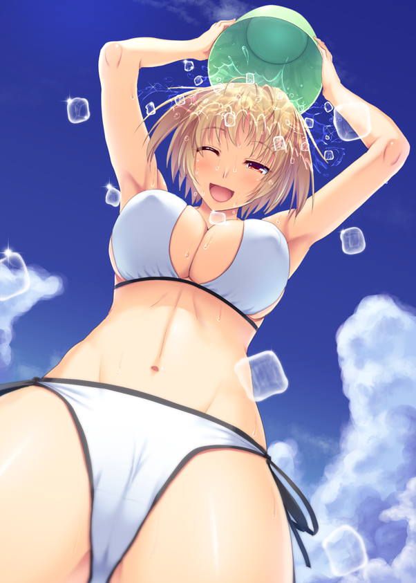 00s als_ice_bucket_challenge arcueid_brunestud armpits arms_up beach big_breasts bikini blonde_hair breasts cameltoe cleavage curvy erect_nipples female female_only large_breasts looking_at_viewer looking_down low-angle_view miyai_sen nipple_bulge nipples one_eye_closed open_mouth outdoors outside panties public red_eyes short_hair side-tie_bikini smile solo swimsuit tsukihime type-moon underboob white_bikini