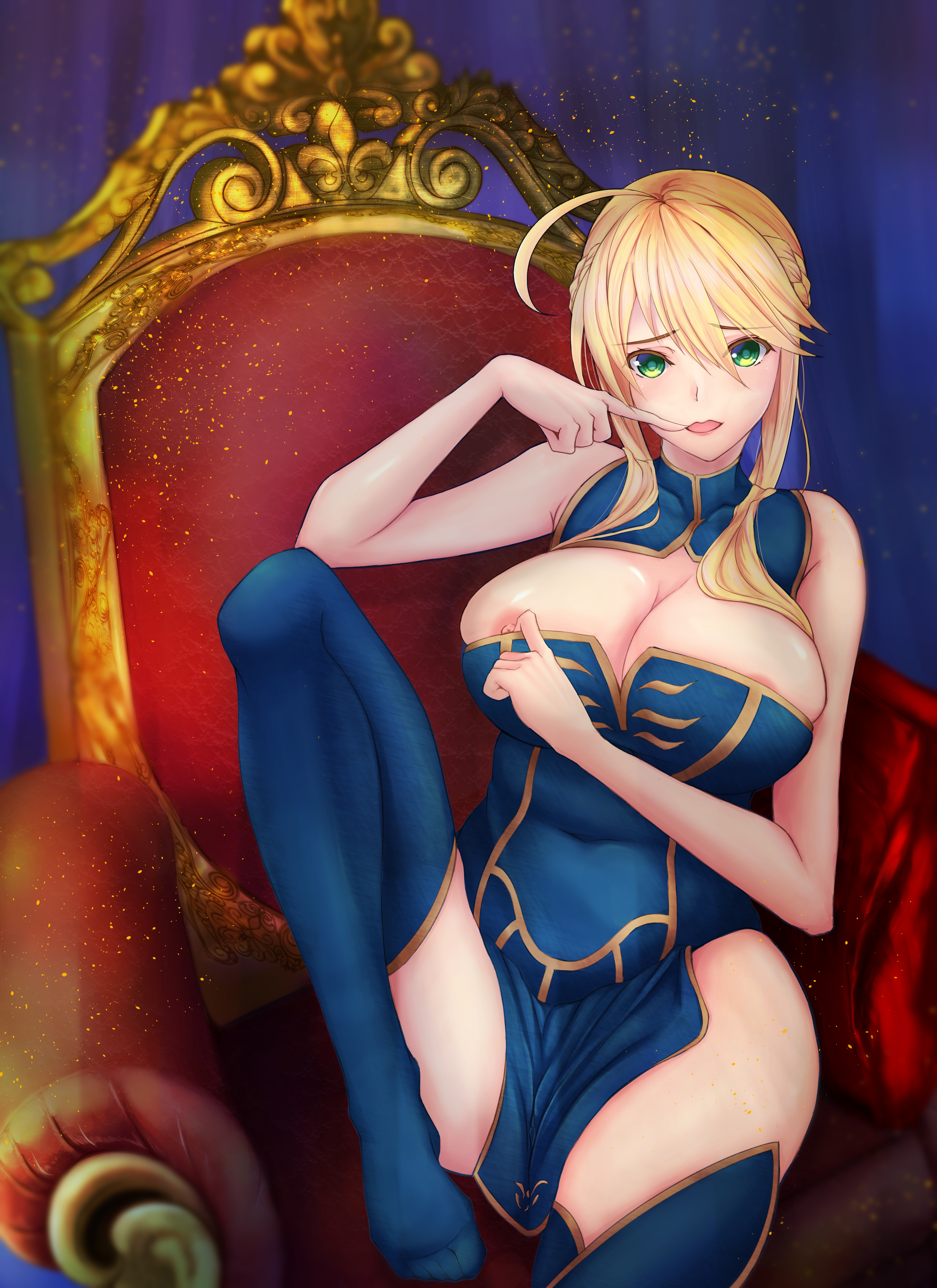 1girls, ahoge, armpits, artoria pendragon, artoria pendragon (lancer), blonde hair, blue legwear, blush, braid, braided hair, breasts, cleavage, cleavage cutout, covered navel, crown braid, fate (series), fate/grand order, female, finger to mouth, green eyes, hair between eyes, hair bun, hand on hip, leotard, looking at viewer, nipples, parted lips, short hair, sidelocks, sitting, solo, thigh gap, thighhighs, thighs, tied hair