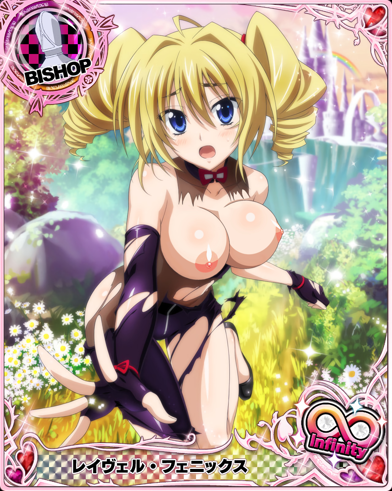 blonde hair, blue eyes, bodysuit, breasts, breasts out, card (medium), exposed breasts, female, high school dxd, large breasts, latex suit, photoshop, ravel phenex, shocked, shocked expression, shocked eyes, shredded clothes, torn clothes, torn clothing, twin drills