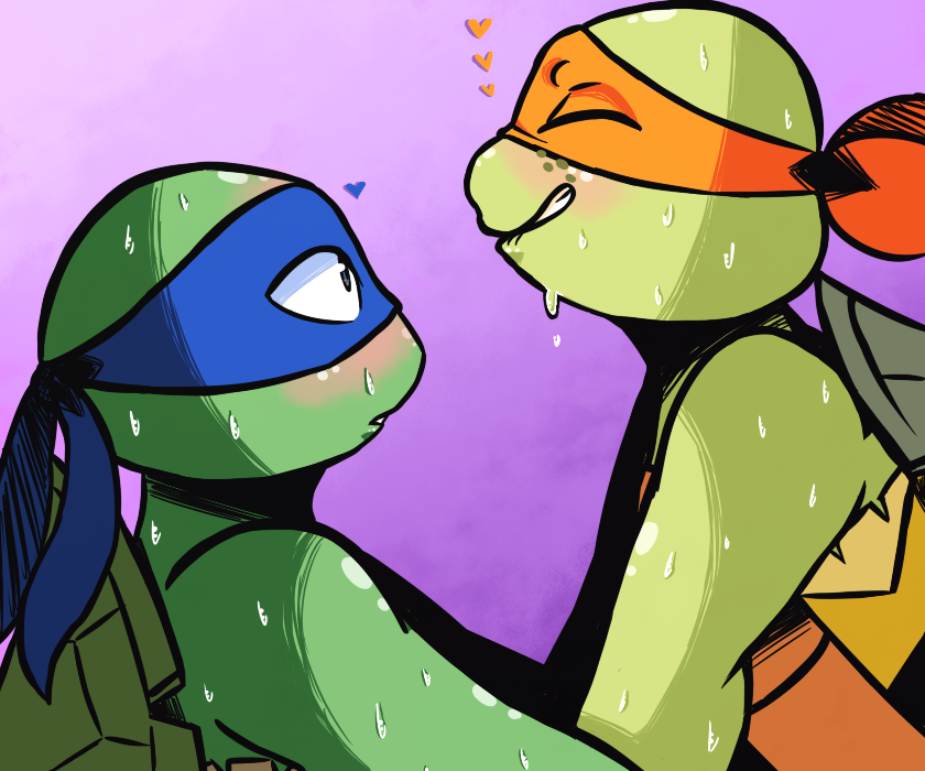 2017 anthro bandana biting_lip blue_eyes blush closed_eyes duo freckles incest inkyfrog leonardo male mask michelangelo purple_background reptile scalie shell side_view simple_background sweat teenage_mutant_ninja_turtles turtle yaoi