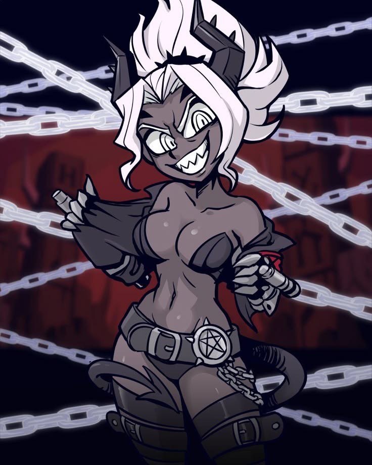 accurate_art_style bare_legs belt breast_plate breasts centinel303 chains cleavage demon demon_girl gloves grey_body hell helltaker horn horns jacket judgement_(helltaker) long_hair panties pentagram sharp_claws sharp_teeth smile tagme tail thighs undressing voluptuous white_eyes white_hair