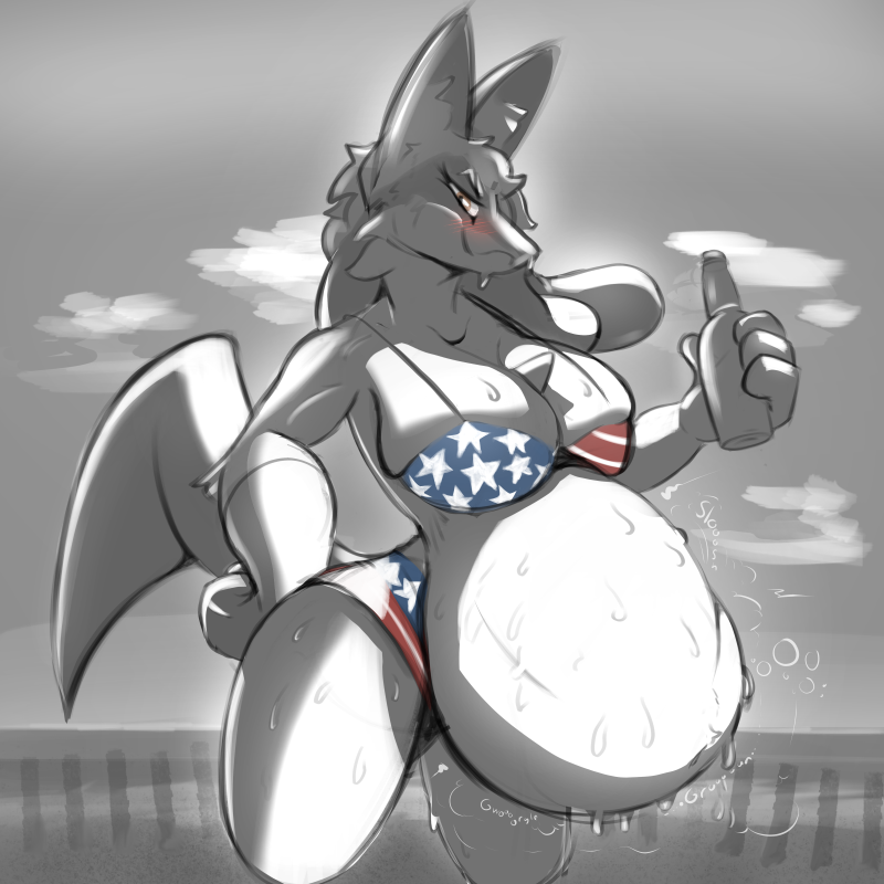 1:1 alcohol american_flag american_flag_bikini anthro anthro_pred beer beer_bottle belly beverage big_breasts big_hands bikini bodily_fluids bodily_noises bottle breasts clothing container derived_sound_effect different_sound_effects digital_media_(artwork) doncogneetoe extended_sound_effect female female_pred flag flag_bikini flag_clothing flag_print flag_swimwear fully_inside generation_4_pokemon lucario nintendo onomatopoeia oral_vore pokemon pokemon_(species) print_bikini print_clothing print_swimwear restricted_palette rumbling_stomach slosh sloshing_belly solo sound_effect_variant sound_effects story story_in_description sweat sweaty_belly swimwear text united_states_of_america unseen_prey vore