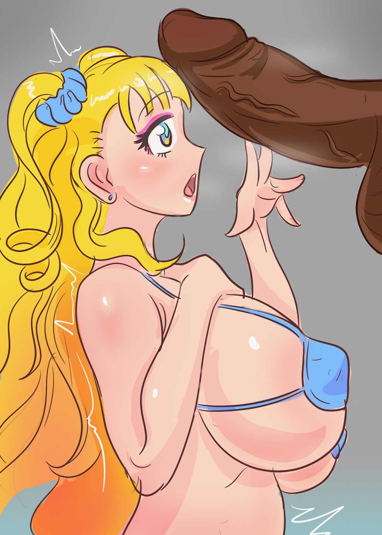1boy, 1girls, bikini, blackingyourwaifu, blonde hair, breasts, dark skin, dark-skinned male, female, galko, gyaru, huge breasts, interracial, looking at penis, male, oshiete! galko-chan, penis, penis awe