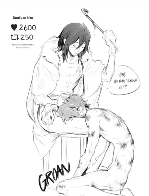 2boys artist_request beaten beaten_up blood bruises bsd bungo_stray_dogs dazai_osamu fyodor_dostoevsky greyscale head_on_lap male male/male male_only maledom malesub metal_pipe monochrome naked nude nude_male osamu_dazai sitting_on_chair tired toxic twitter yaoi