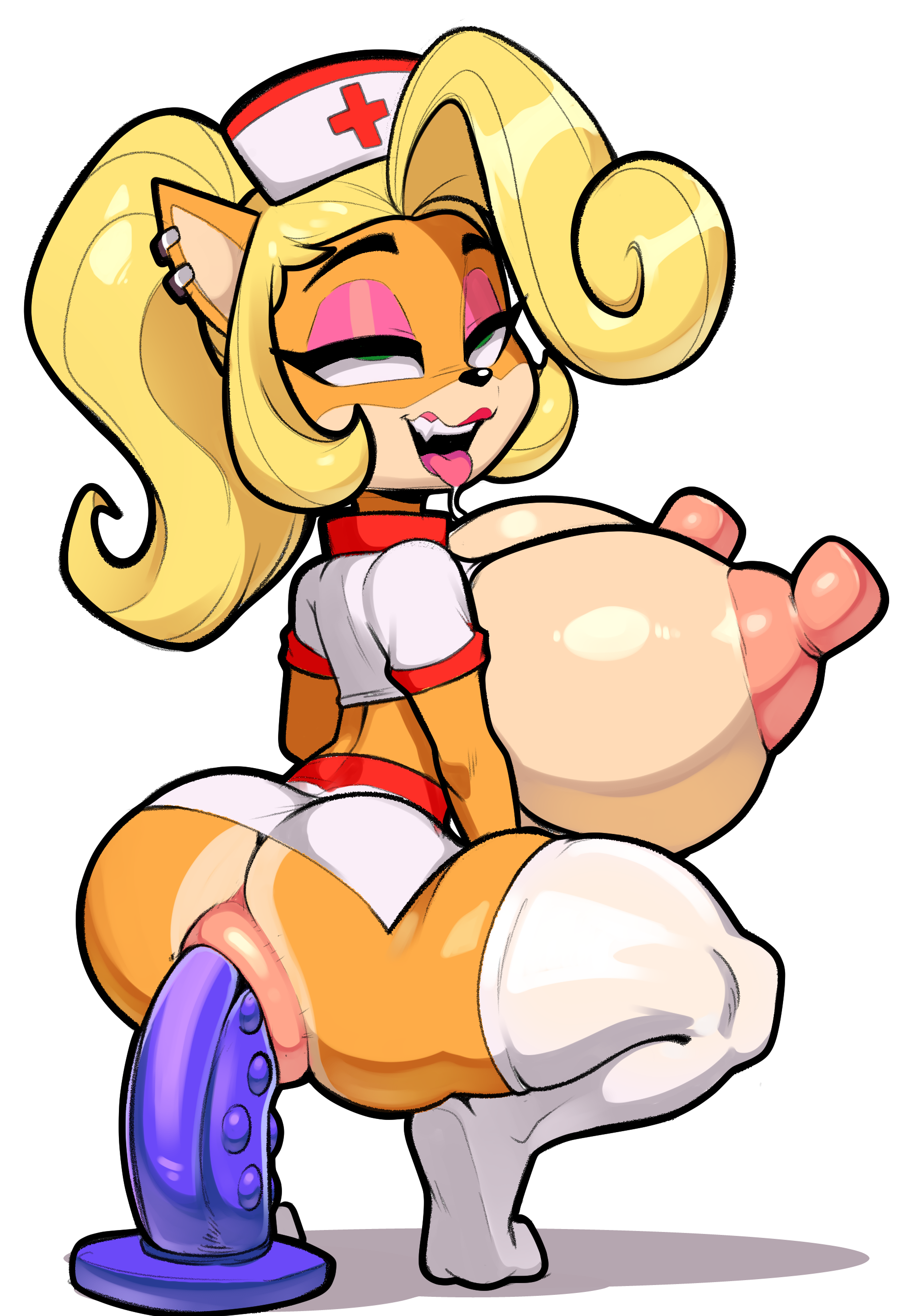 absurd res, activision, anal, anal sex, anthro, anus, areola, ass, bandicoot, big areola, big ass, big breasts, big butt, big nipples, black eyebrows, blonde hair, bodily fluids, breasts, clothed, clothing, coco bandicoot, countershading, crash (series), crouching, dildo, dildo in ass, dildo insertion, dongitos, ear piercing, erect nipples, exposed breasts, eye roll, eyebrows, eyelashes, eyeshadow, fangs, female, fur, hair, hi res, huge areola, huge breasts, huge nipples, legwear, lipstick, makeup, mammal, marsupial, nipples, nurse, object in ass, orange body, orange ears, orange fur, penetration, piercing, pink areola, pink eyeshadow, pink nipples, pink tongue, ponytail, puffy anus, red lipstick, saliva, sex toy, sex toy in ass, sex toy insertion, simple background, small waist, solo, tan body, tan countershading, tan inner ear, tan skin, teeth, teeth showing, thick eyebrows, thick eyelashes, thigh highs, tongue, white background