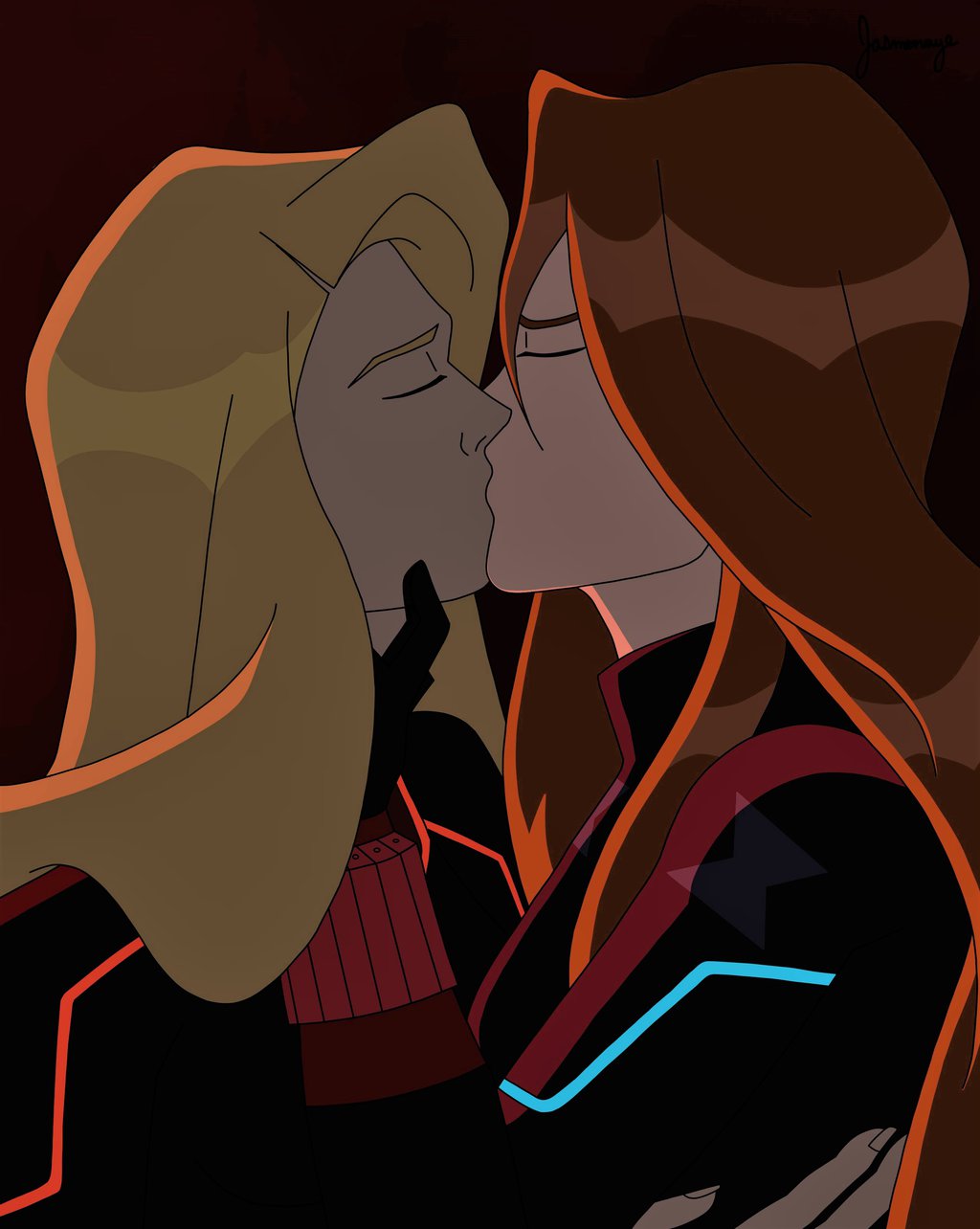 2girls avengers avengers_assemble black_widow_(marvel) blonde_hair bodysuit brown_hair closed_eyes female female_only hug human human_only jasmonaye kissing light-skinned_female light_skin long_hair marvel marvel_comics multiple_girls mutual_yuri natasha_romanoff neck red_hair romantic upper_body yelena_belova yuri