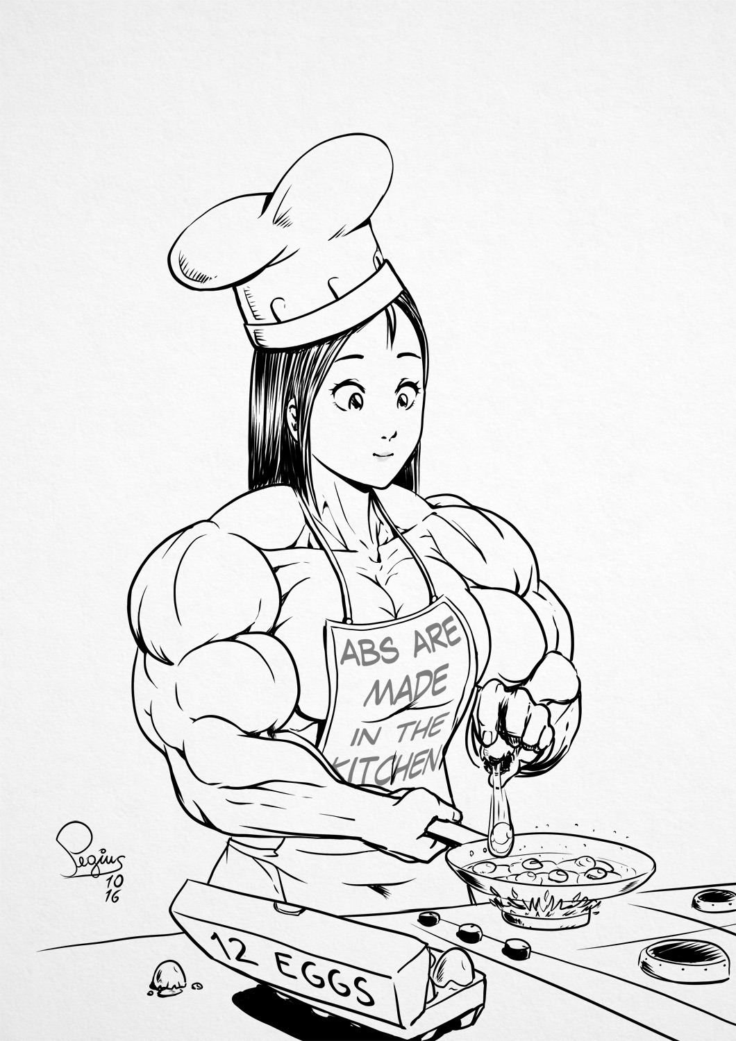 apron biceps big_muscles cooking egg female hat monochrome muscles muscular_female pegius solo