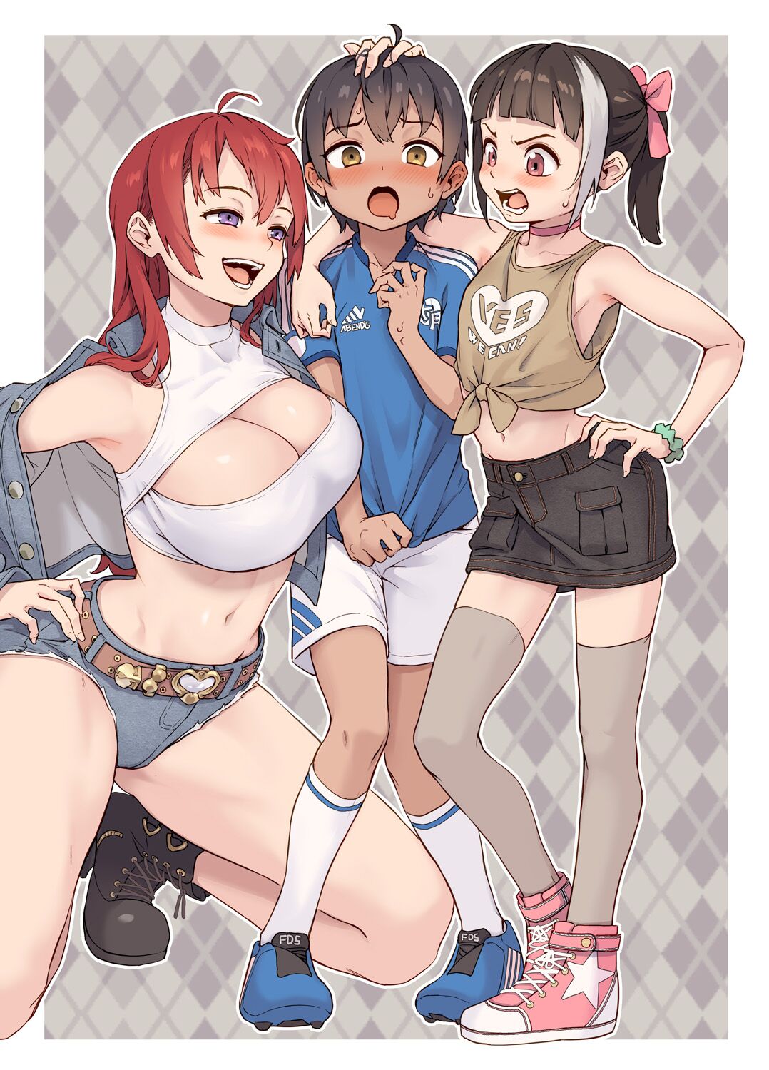 2girls ahoge angry_face arm_on_shoulder arm_scrunchie armpits bare_arms bare_belly bare_legs bare_shoulders bare_thighs belly_button big_breasts blush boots breasts brown_hair chiaki_ueno choker cleavage collarbone doujinshi grin groin hair_ribbon hand_on_head hand_on_own_hip jacket jairou kiriru kneeling long_hair multicolored_hair navel_cutout open_mouth ponytail purple_eyes red_eyes red_hair shiny_skin shirt shoes short_shorts shorts shounen_ga_otona_ni_natta_natsu sleeveless_shirt small_breasts sweatdrop thighhighs thighs tied_shirt white_shirt zettai_ryouiki