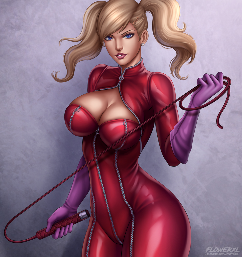 ann takamaki, big breasts, blonde hair, blue eyes, bodysuit, breasts, cleavage, clothing, female, female only, flowerxl, handwear, human, large breasts, lipstick, looking at viewer, pale skin, persona, persona 5, phantom thief suit, solo, tight clothes, twintails, weapon