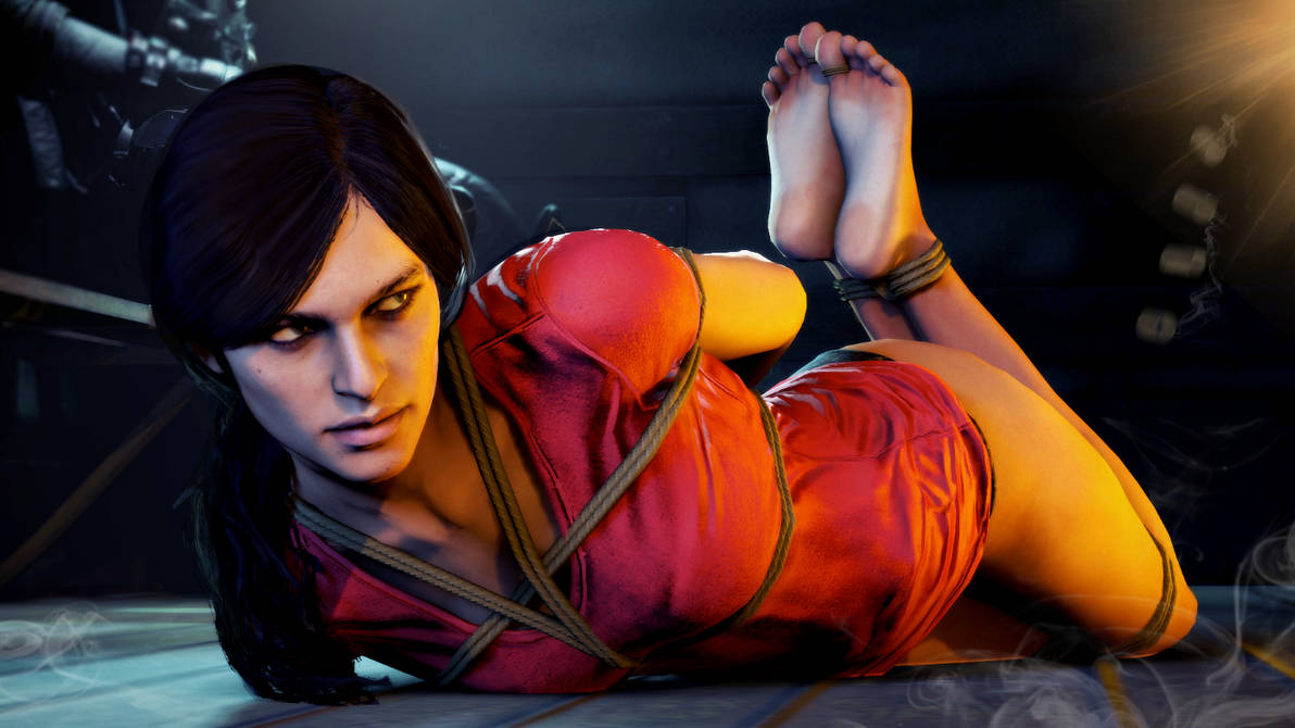 2019 3d 3d_(artwork) arms_behind_back black_hair bondage breasts chloe_frazer human naughty_dog on_floor rope rope_between_breasts rope_bondage skyripe thick_thighs thighs uncharted uncharted_4 uncharted_the_lost_legacy