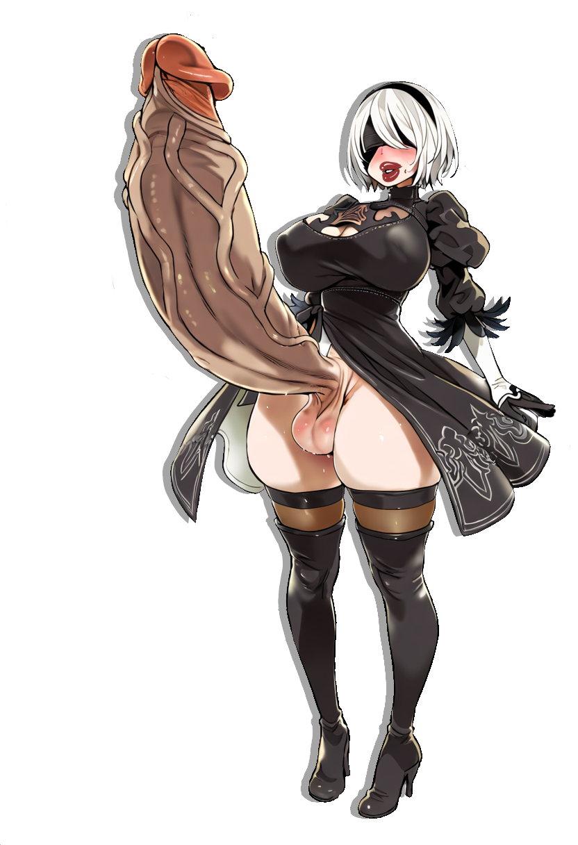 ai_assisted big_breasts big_hips big_lips big_penis black_dress erection futanari high_heels nier:_automata penis short_hair sultrybunny testicles thigh_high_boots thigh_high_stockings transparent_background uncensored white_hair yorha_2b