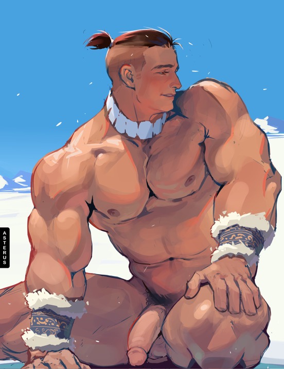 abs arm_support asterusboii avatar:_the_last_airbender avatar_legends bara black_pubic_hair blue_sky brown_hair fur-trimmed_wrist_cuffs ice looking_to_the_side male_focus male_only male_pubic_hair mountainous_horizon muscular navel nipples nude parted_lips pectorals penis ponytail pubic_hair short_ponytail sitting sky smile snow sokka south_pole thick_thighs thighs