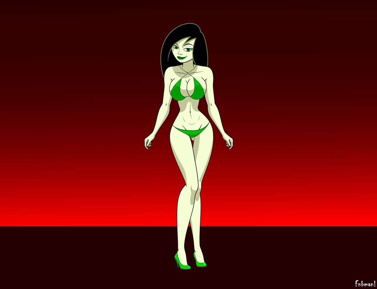 1girls artist_name bare_shoulders barefoot big_breasts bikini bikini_bottom bikini_top black_hair busty cleavage curvy detailed_background disney disney_channel erect_nipple erect_nipples eyeliner female female_only fnbman front_view green_eyes green_lipstick green_nipples green_skin high_heels hourglass_figure human kim_possible large_breasts lipstick long_hair looking_at_viewer makeup midriff pose posing shego solo standing swimsuit text voluptuous wide_hips