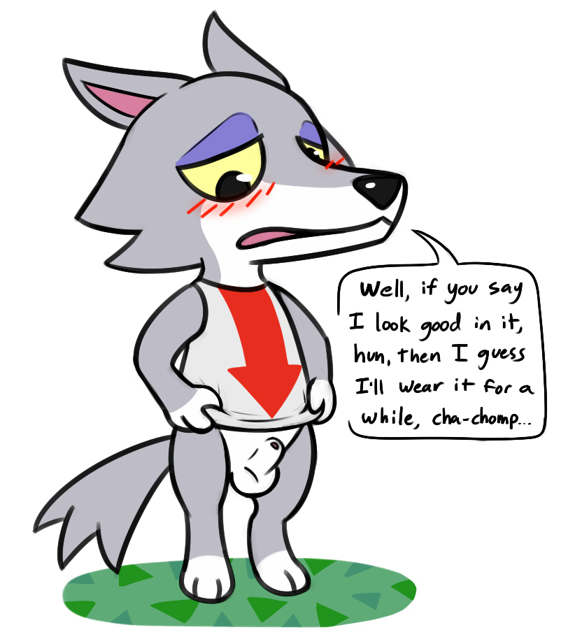 animal_crossing animal_genitalia anthro arrow balls blush bottomless canine chibi clothed clothing embarrassed fang_(animal_crossing) fully_sheathed krixata male male_only mammal nintendo sheath shirt solo speech_bubble text video_games wolf