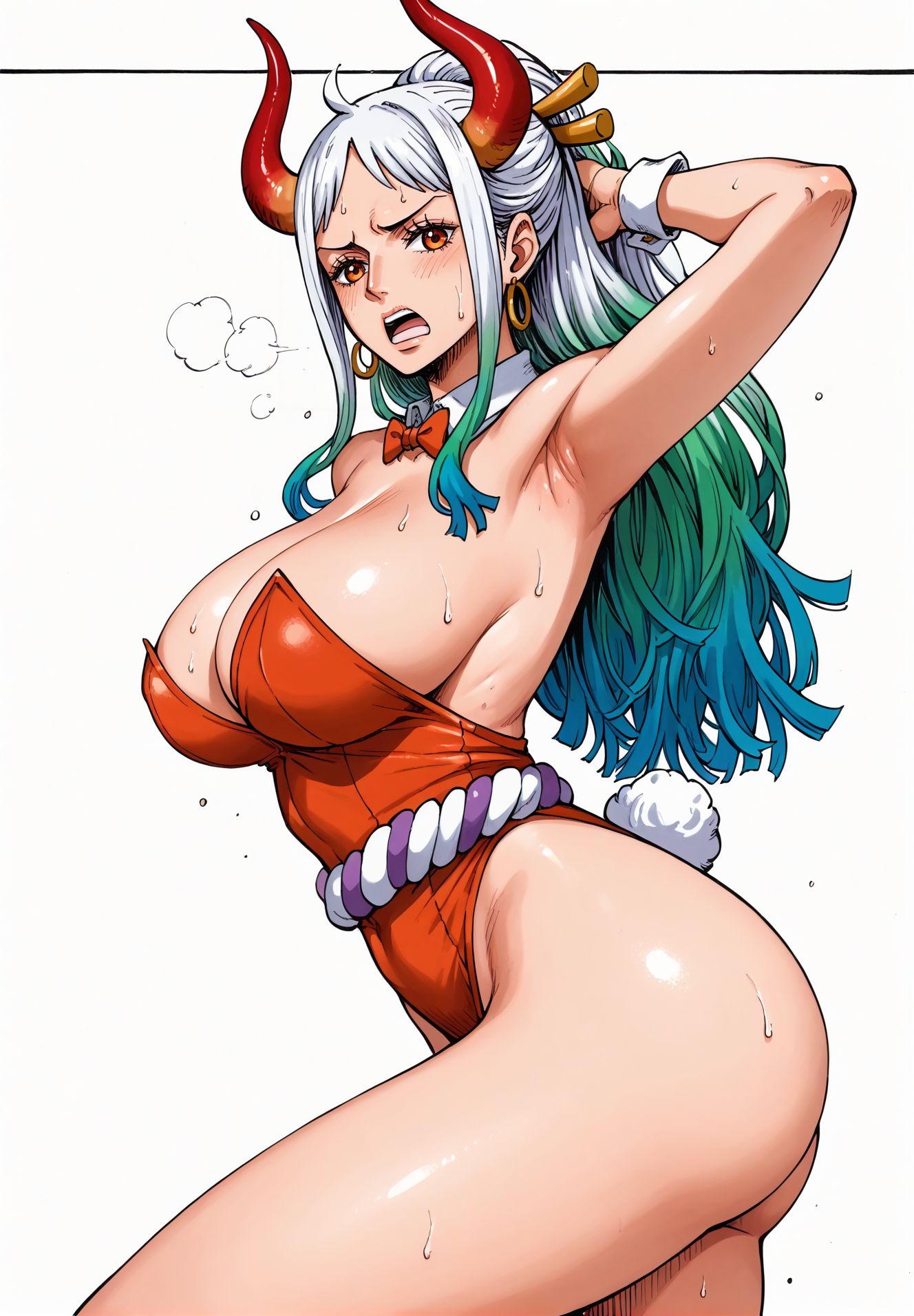 ai_generated alluring almost_naked almost_nude big_breasts big_breasts blue_hair blush blush breasts breasts bunny bunny_costume bunny_ear bunny_ears bunny_girl bunny_suit bunny_tail bunnygirl bunnysuit earring earrings green_hair hair_ornament long_hair looking_at_viewer multicolored_hair one_piece open_mouth orange_eyes seducing seduction seductive seductive_body seductive_eyes seductive_gaze seductive_look seductive_mouth seductive_pose seductive_smile shiny_hair shiny_skin steamy_breath sweat sweatdrop sweating sweaty sweaty_body voluptuous voluptuous_female white_hair yamato_(one_piece) yashin