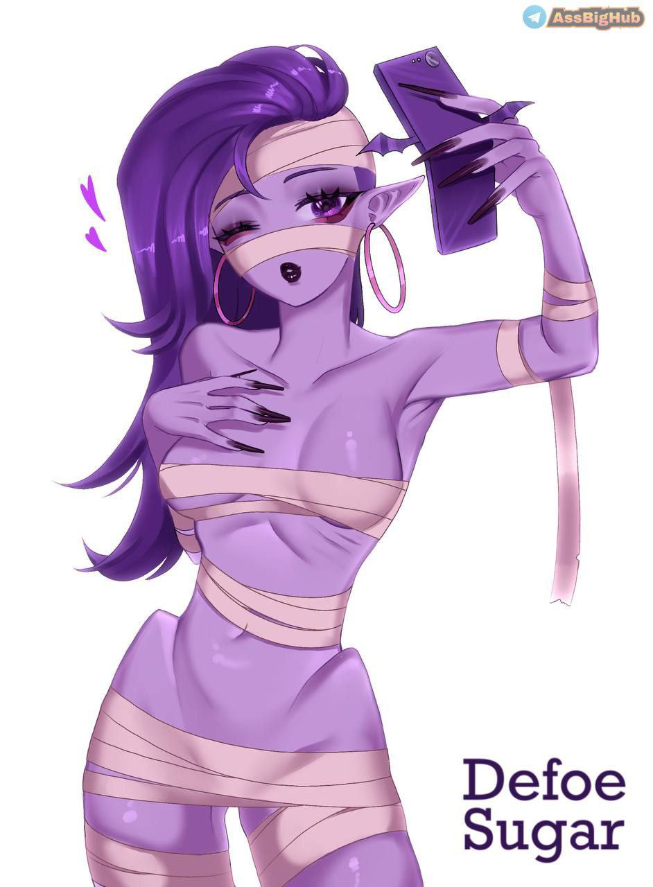 bandages belly black_nails brawl_stars breasts defoesugar long_hair long_nails purple_eyes purple_hair purple_skin selfie