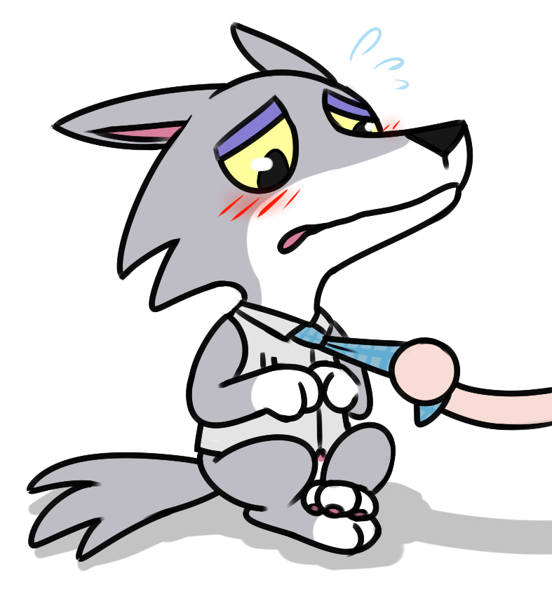 animal_crossing anthro blush bottomless canine chibi clothed clothing embarrassed fang_(animal_crossing) krixata male male_only mammal necktie nintendo penis penis_tip shirt solo_focus video_games wolf