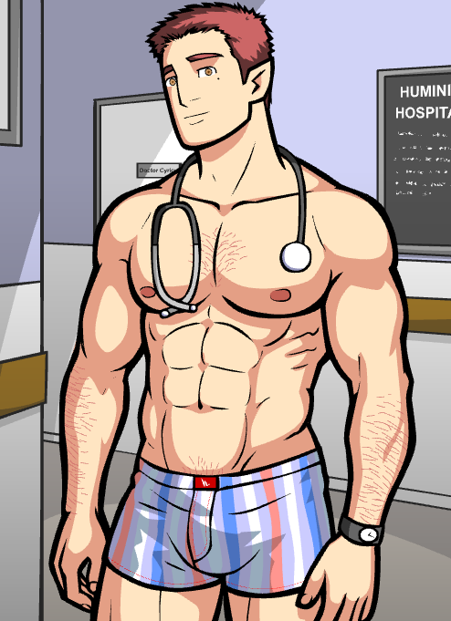 1boy bara bulge doctor door gay humbug male male_only monthly_manful pants shirtless solo solo_male stethoscope watch yaoi