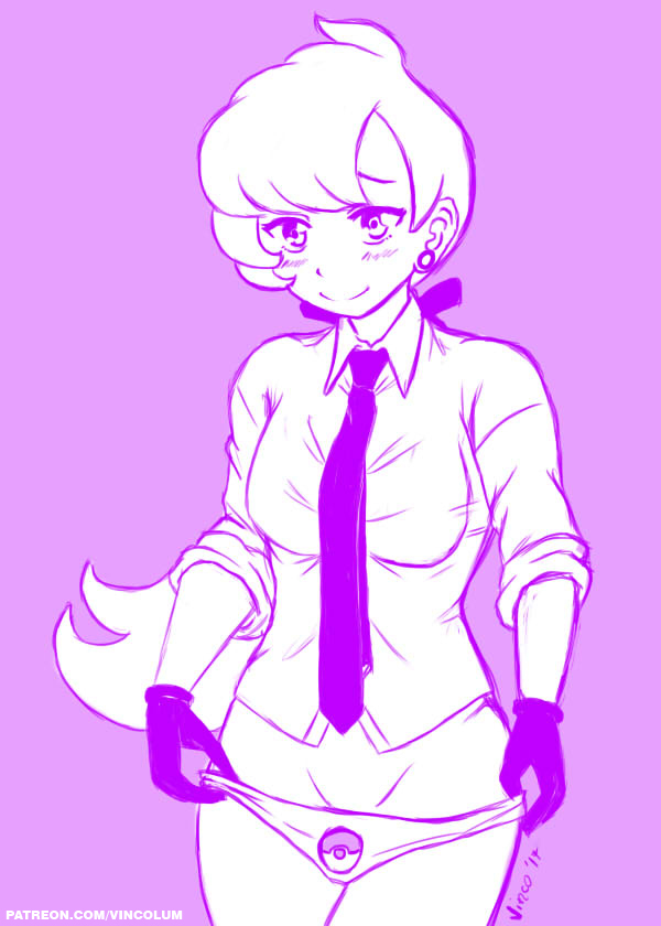 1girls anabel_(pokemon) anabel_(pokemon_sm) black_gloves blush breasts clothed earrings female female_only gloves holding human human_only long_hair monochrome necktie nintendo oveja_(vincolum) panties pokemon pokemon_rse pokemon_sm purple_theme smile solo standing text