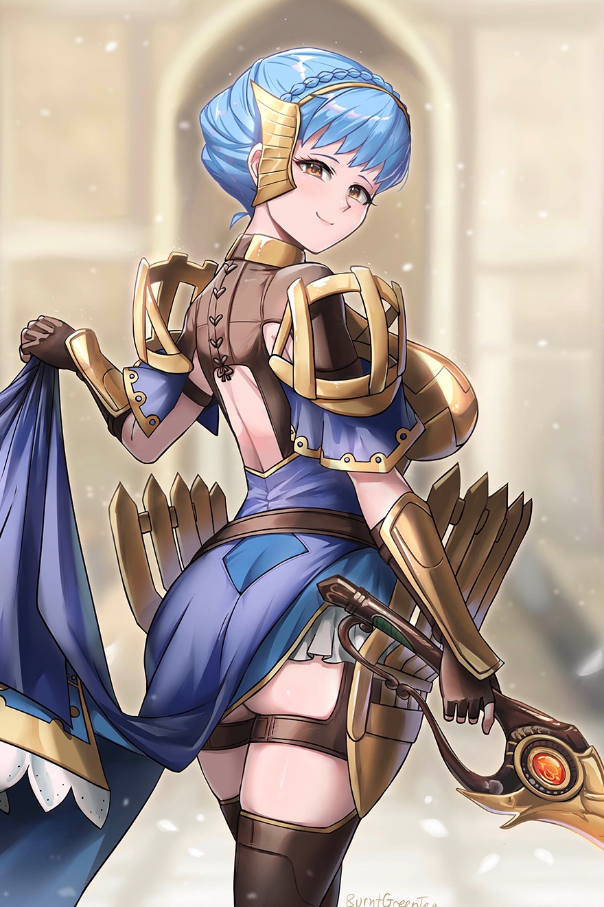 1girls ass big_ass blue_hair burnt_green_tea fire_emblem fire_emblem:_three_houses fire_emblem_heroes large_breasts lifted_by_self looking_at_viewer marianne_von_edmund nintendo outdoors smile sword weapon yellow_eyes