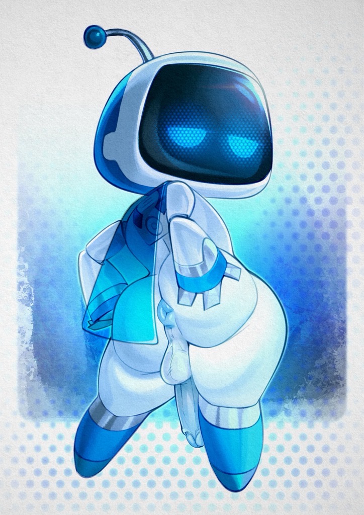 2024 2d 2d_(artwork) ambiguous_gender antennae_(anatomy) ass ass astro_(astro_bot) astro_bot astro_bot_(series) big_butt blue_eyes cape color_edit digital_media_(artwork) humanoid looking_at_viewer looking_back machine narrowed_eyes non-human not_furry playstation pose presenting presenting_hindquarters robot robot_humanoid screen screen_face seductive_look seductive_pose simple_background solo sony_corporation sony_interactive_entertainment thick_thighs touching_butt white_body xu53r