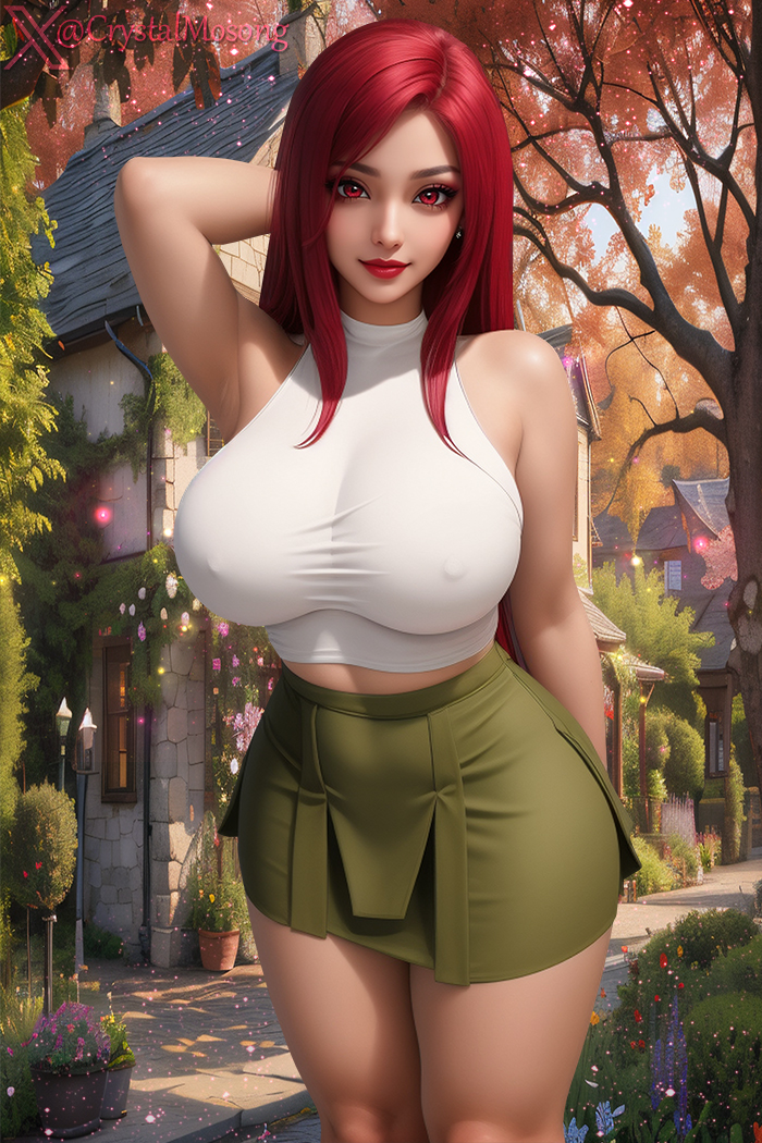 1girls ai_generated bare_shoulders big_breasts blouse breasts crystalmosong female huge_breasts looking_at_viewer miniskirt original red_eyes red_hair shiny_skin solo_female solo_focus stable_diffusion thick_thighs tight_clothing voluptuous voluptuous_female