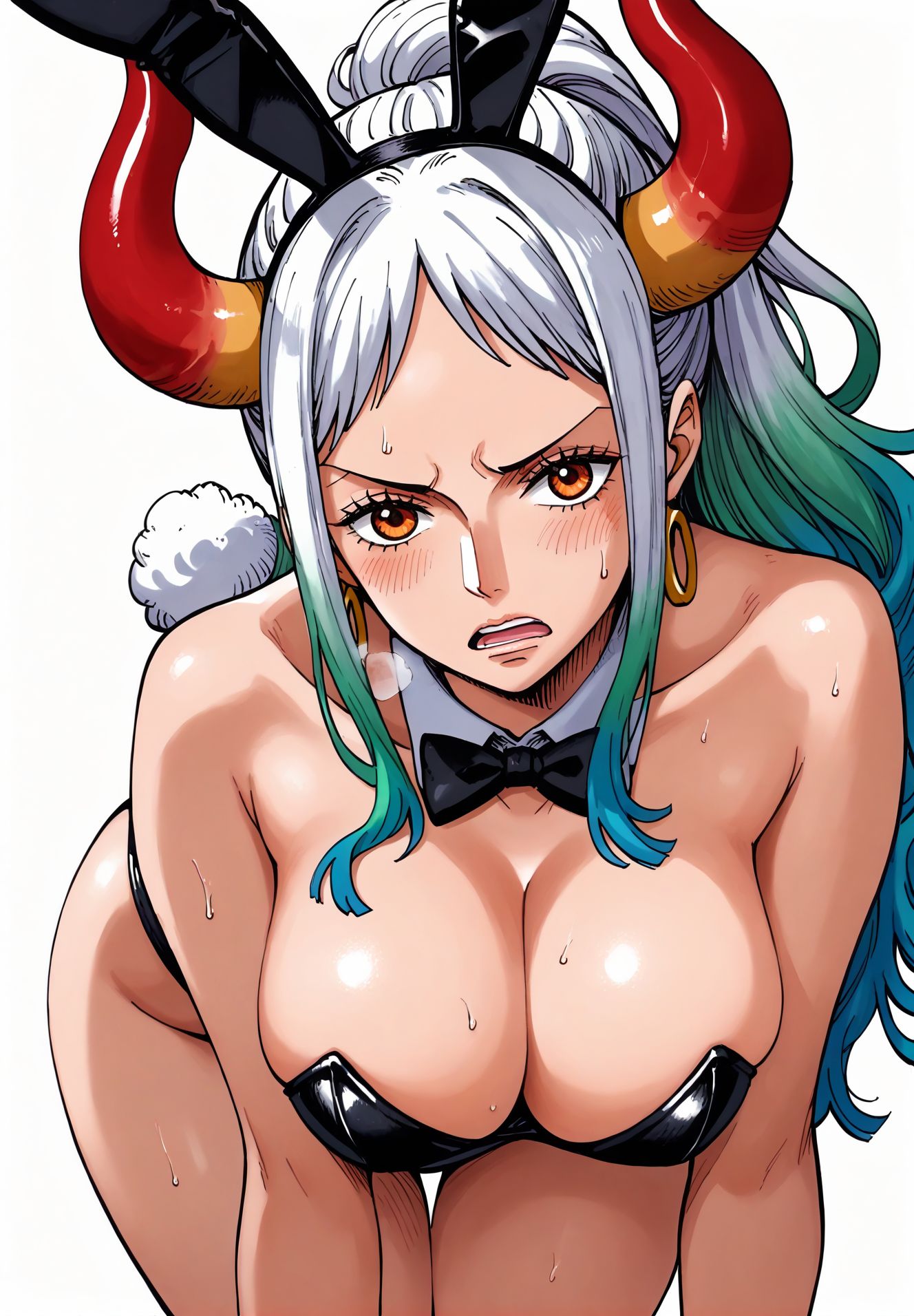 ai_generated alluring almost_naked almost_nude big_breasts blue_hair blush breasts bunny bunny_costume bunny_ear bunny_ears bunny_girl bunny_suit bunny_tail bunnygirl bunnysuit earring earrings female female_focus female_only green_hair hair_ornament long_hair looking_at_viewer multicolored_hair one_piece open_mouth orange_eyes seducing seduction seductive seductive_body seductive_eyes seductive_gaze seductive_look seductive_mouth seductive_pose seductive_smile shiny_hair shiny_skin steamy_breath sweat sweatdrop sweating sweaty sweaty_body voluptuous voluptuous_female white_hair yamato_(one_piece) yashin