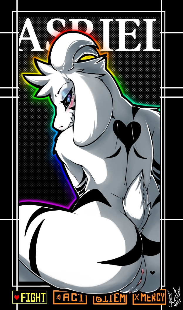 <3, 2017, anthro, asriel dreemurr, asriel dreemurr (god form), ass, blue eyes, blush, caprine, crossgender, digital media (artwork), english text, female, female asriel, female focus, female only, fur, furry, furry only, genderswap, genderswap (mtf), goat, heart, horn, humanoid, looking at viewer, looking back, mammal, mtf crossgender, naked, nude, pussy, rainbow outline, rule 63, simple background, smile, solo, solo female, solo focus, sruto, tail, text, undertale, undertale (series), video games, white fur