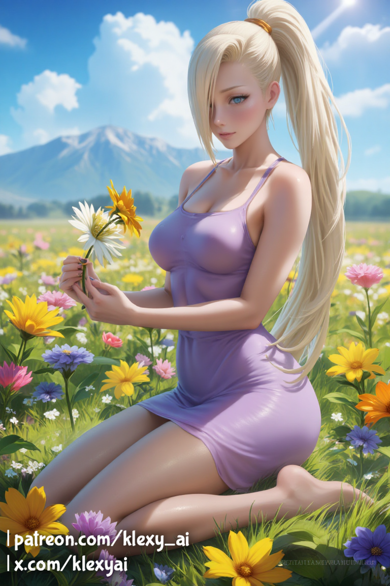 ai_generated alternate_version_available arm arms ass bare_arms bare_legs bare_shoulders bare_thighs big_breasts blonde_female blonde_hair blue_eyed blue_eyed_female blue_eyes blue_eyes_female blush boruto:_naruto_next_generations clear_sky clothed clothed_female clothing dress feet female female_focus female_only feminine feminine_body field field_background flower flower_field flowers full_body grass holding_flower ino_yamanaka japanese japanese_female klexyai lips looking_at_viewer mature mature_female naruto naruto_(series) naruto_shippuden neck nipple nipples nose not_furry on_knees outdoors outside painted_nails patreon patreon_username ponytail shiny shiny_clothes shiny_skin shounen_jump sky smile smiling smiling_at_viewer smooth smooth_hair smooth_skin solo solo_female sunlight thick_thighs thickthighs voluptuous voluptuous_female white-skinned_female white_skin