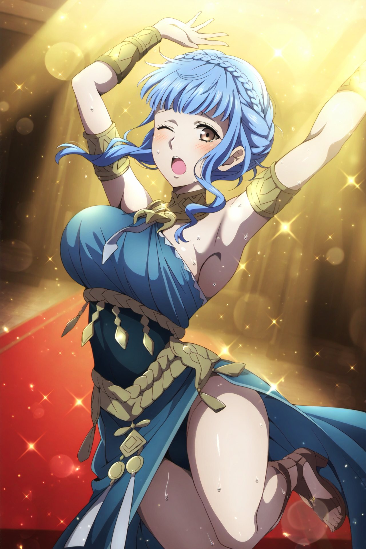 1girls ai_generated armpits arms_up blue_hair brown_eyes dancer dancer_(three_houses) dancer_outfit dancing fire_emblem fire_emblem:_three_houses kazenbow large_breasts looking_at_viewer marianne_von_edmund nintendo one_eye_closed open_mouth shaking_breasts sweat sweatdrop thick_thighs thighs